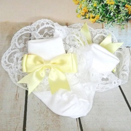 Girls White & Lemon Large Satin Bow Lace Socks